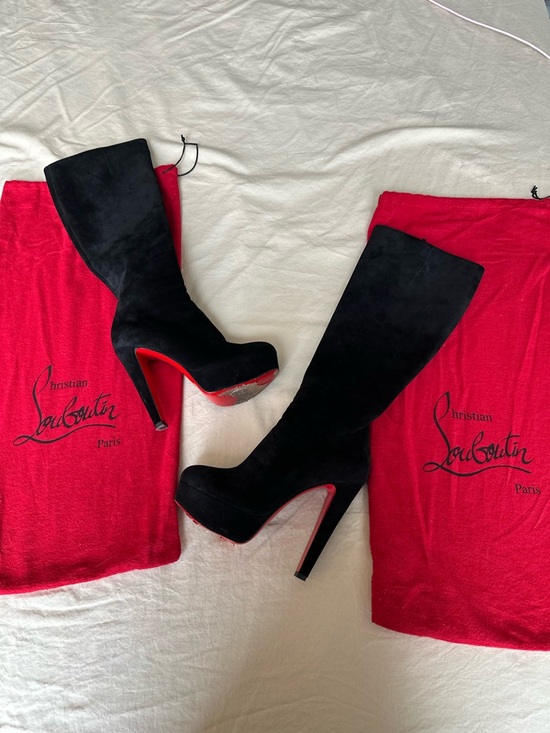 Christian Louboutin Shoes - Christian Louboutin Black Suede Platform Knee-High Boots with Red Soles - Size 6